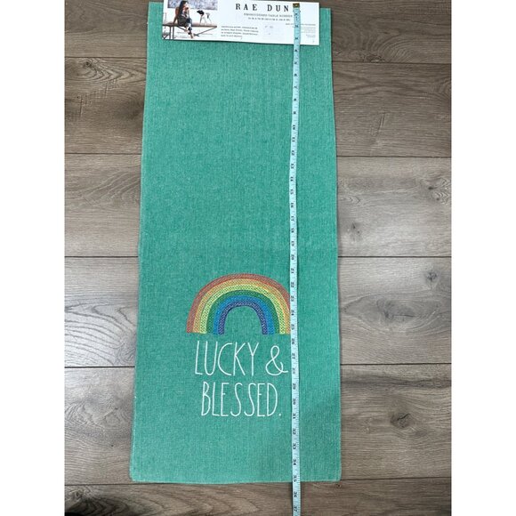 Rae Dunn Embroidered Table Runner 14 x 72" Green Lucky & Blessed Rainbow New - Picture 6 of 6